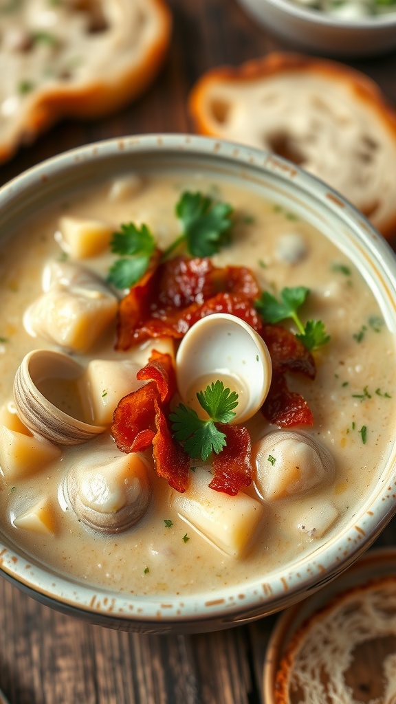 A bowl of creamy clam chowder with bacon and parsley, served with a slice of bread on a rustic table.